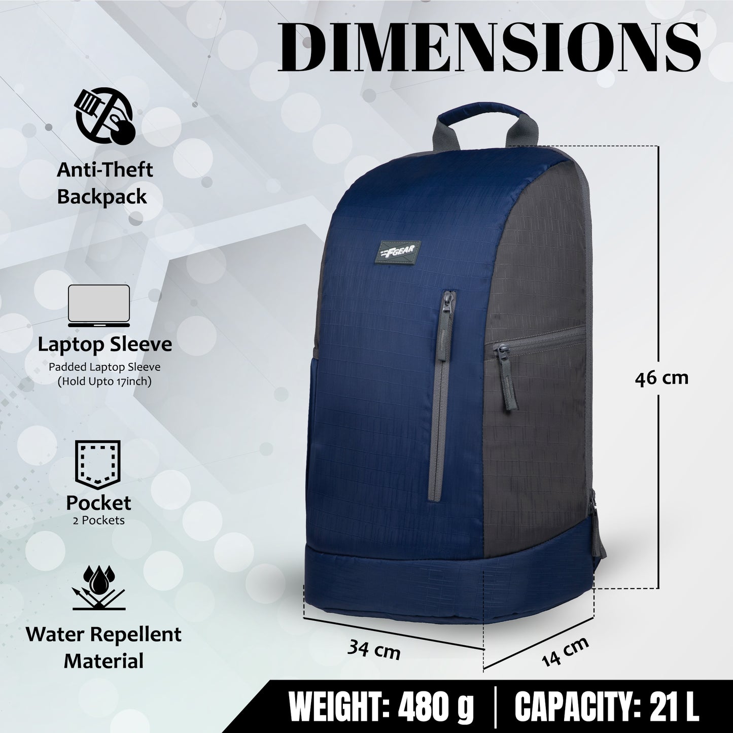 Theodore 21L Navy Blue Anti-Theft Laptop Backpack