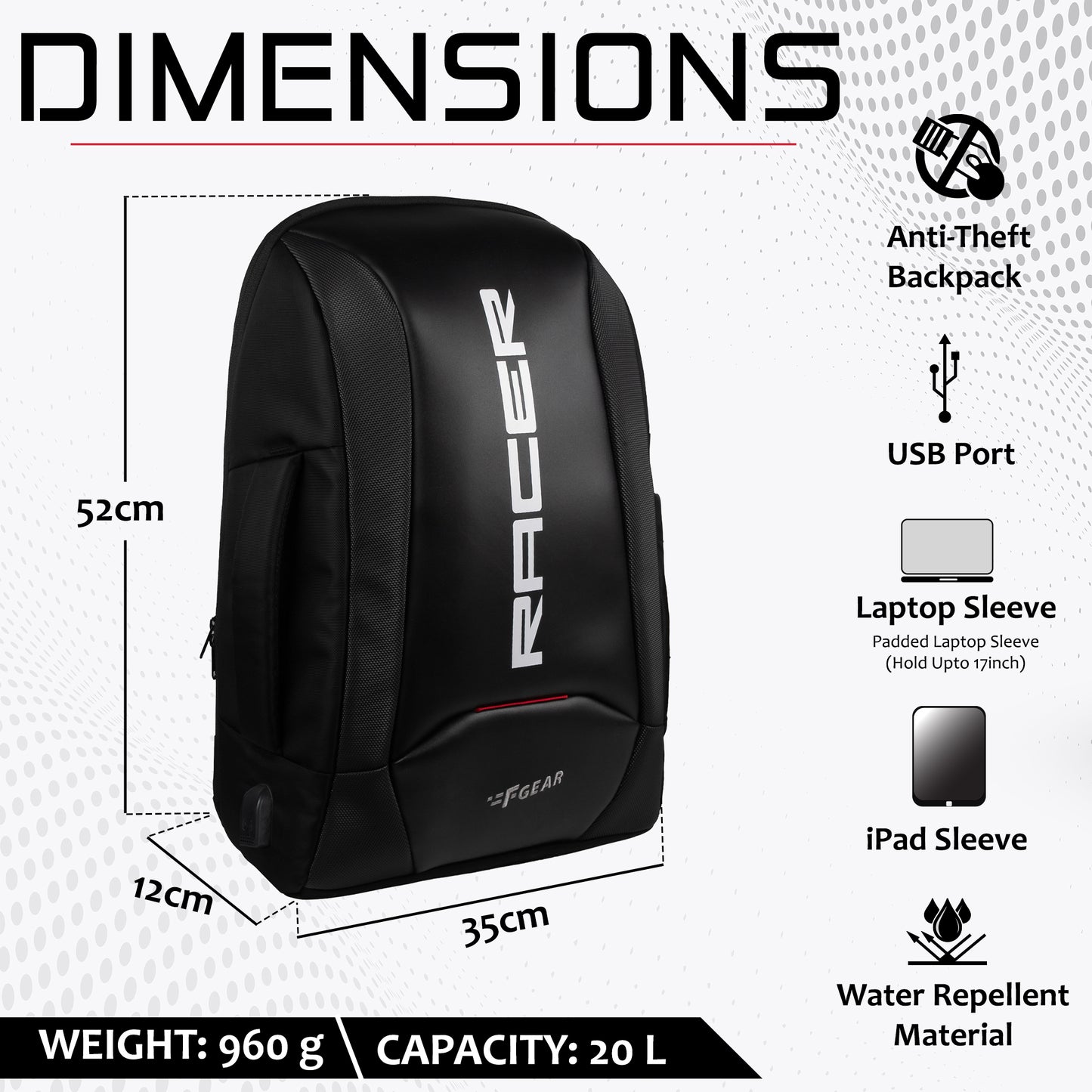 Racer 20L Black Anti theft Laptop Backpack