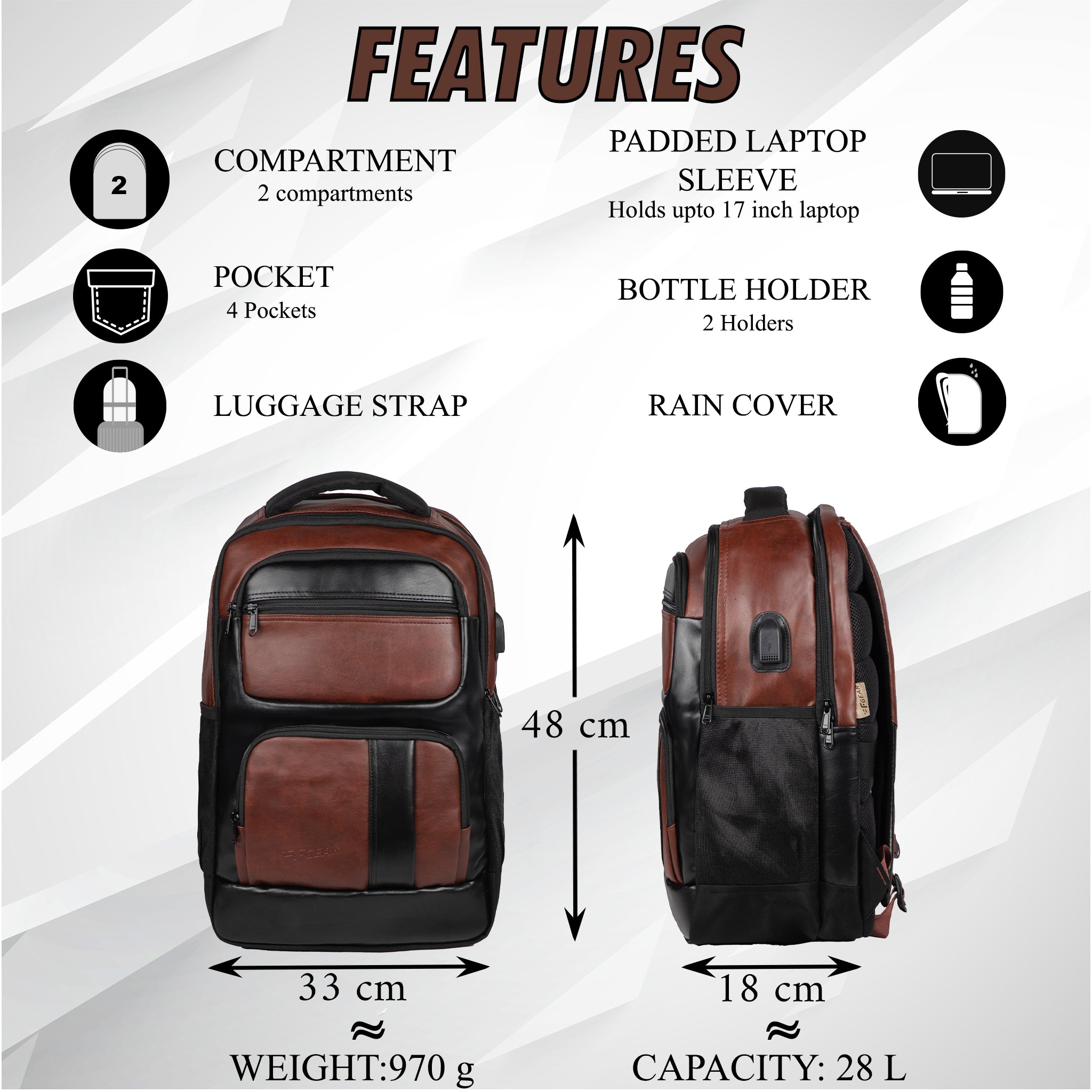 Mantra V2 28L Brown Laptop Backpack with raincover F Gear.in