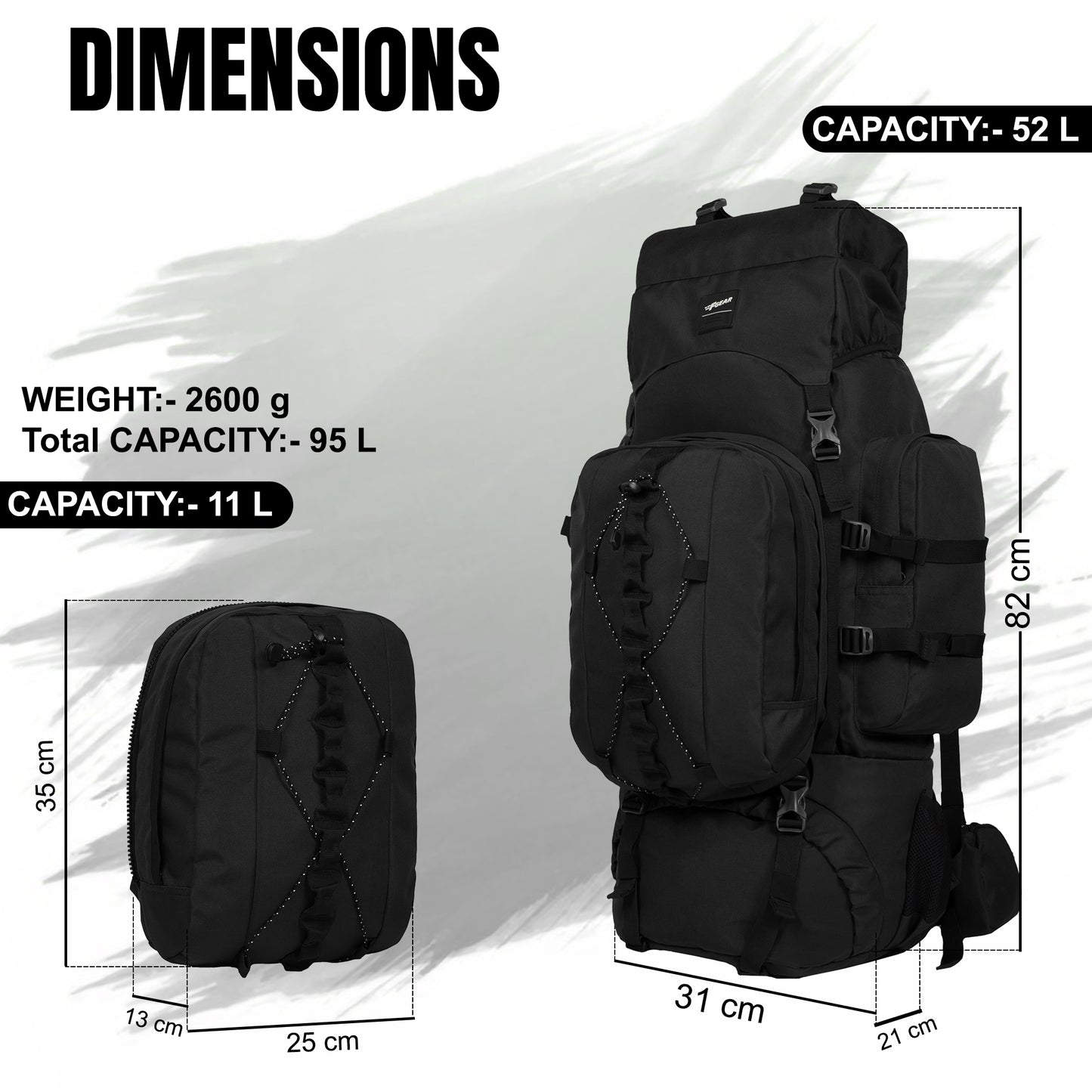 Levante 87L Black Rucksack with Detachable Daypack