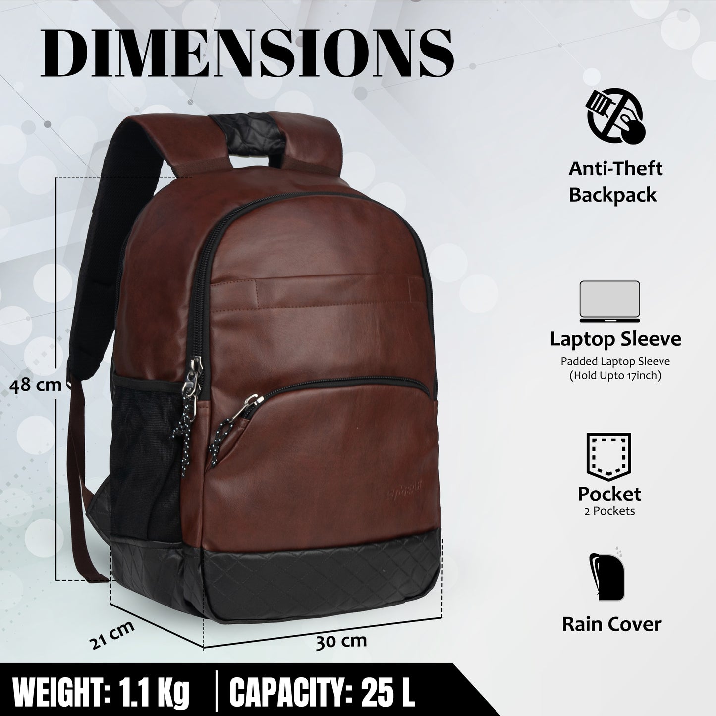 Luxur 25L Brown Anti-theft Laptop Backpack with raincover