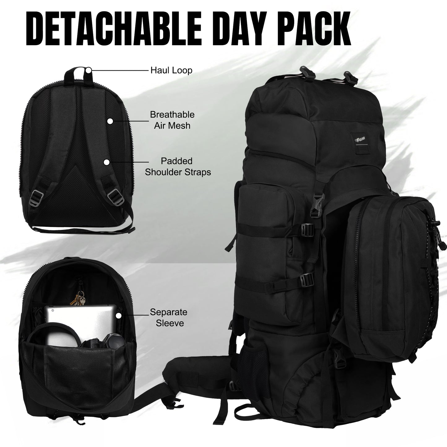 Levante 87L Black Rucksack with Detachable Daypack