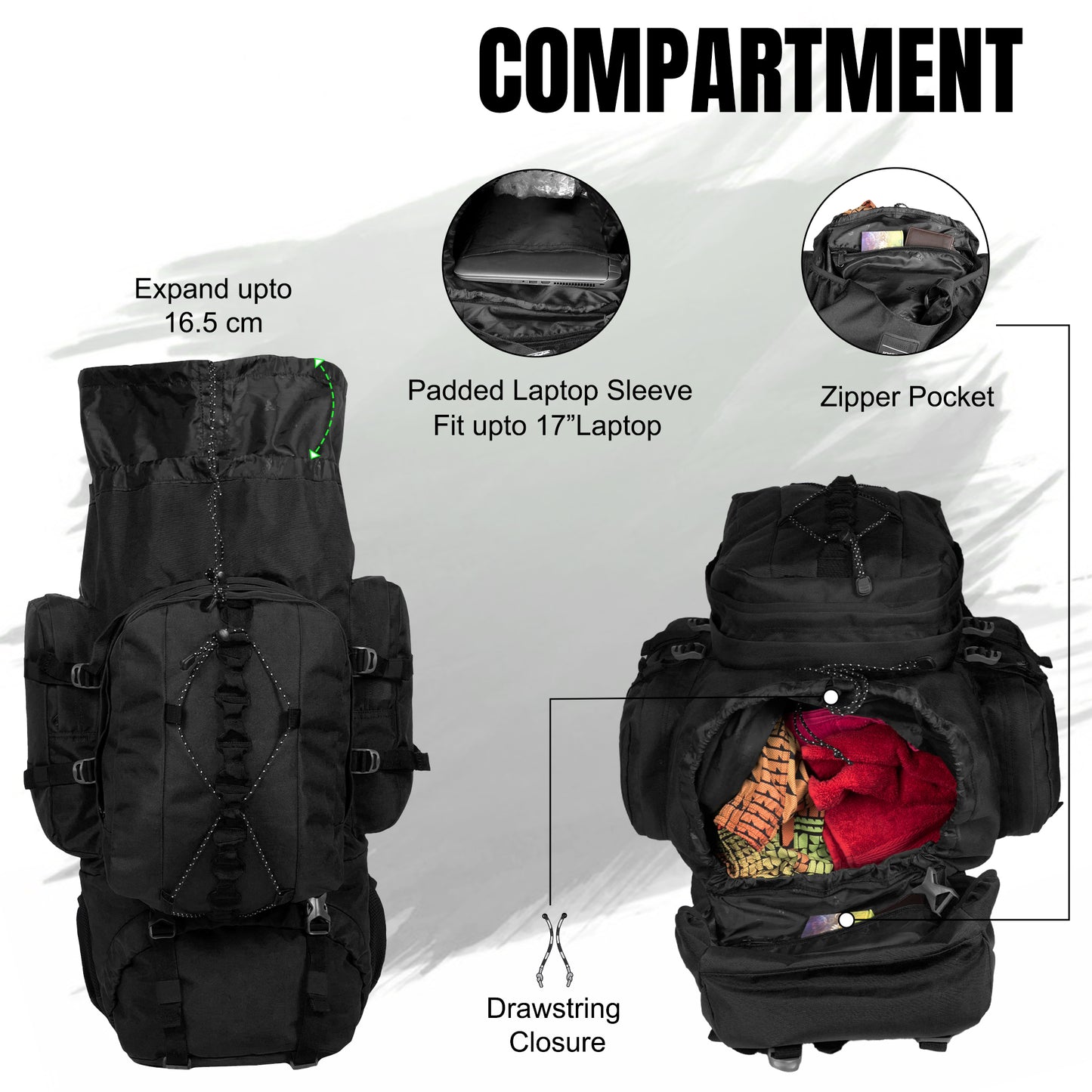 Levante 87L Black Rucksack with Detachable Daypack