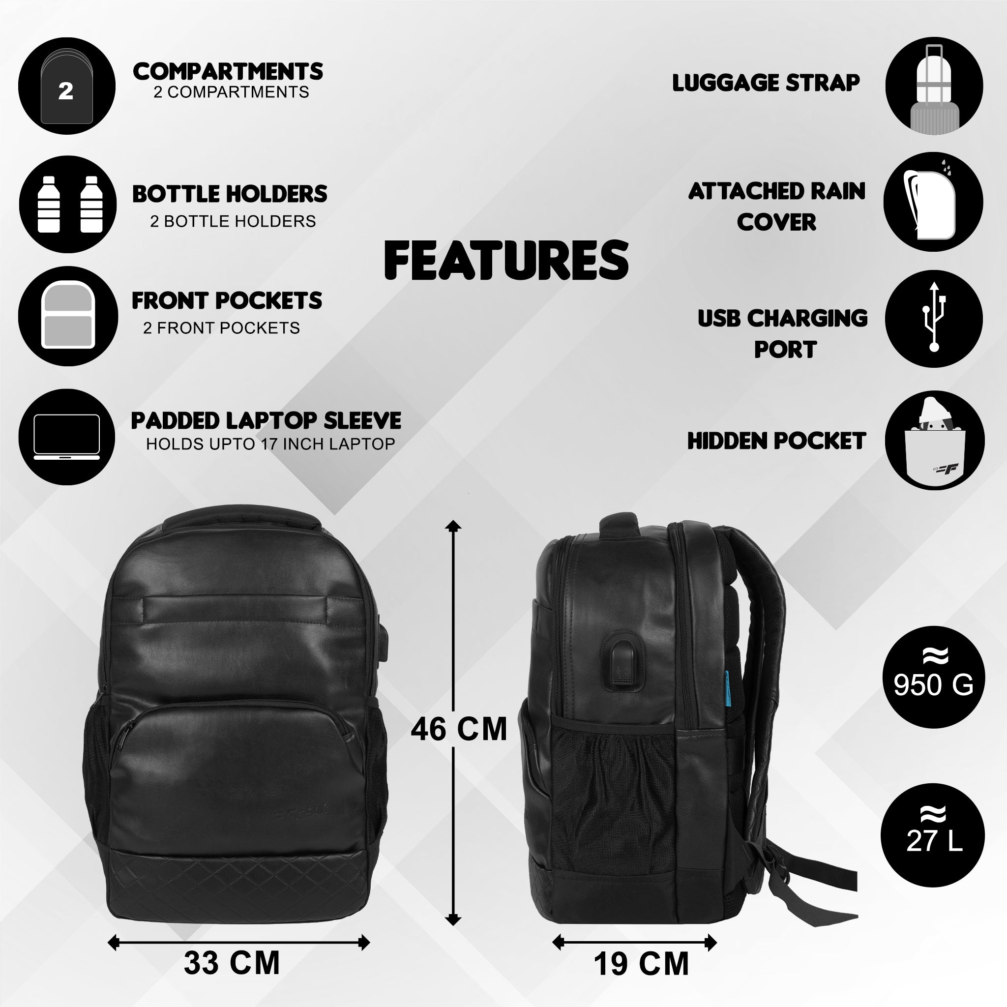 F gear luxur black 2025 25 liter laptop backpack