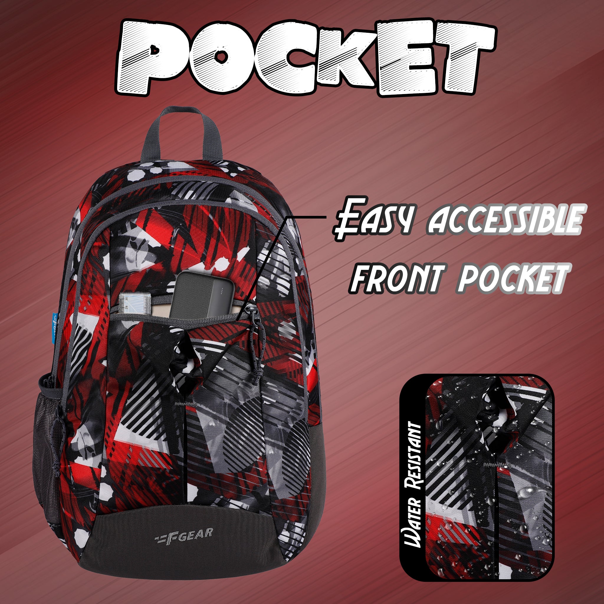 Pocket front geometric outlet backpack