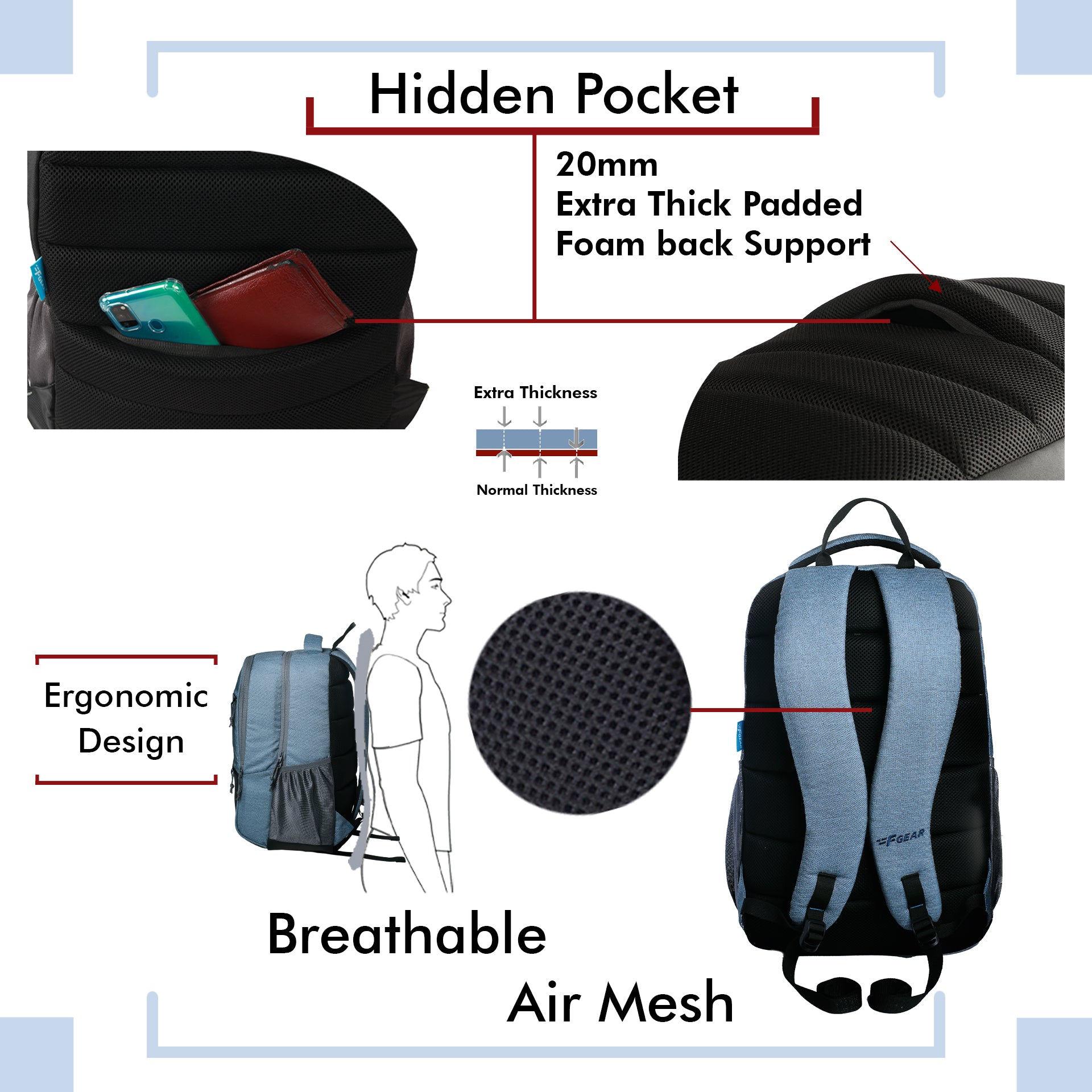 Laptop backpack with online back support